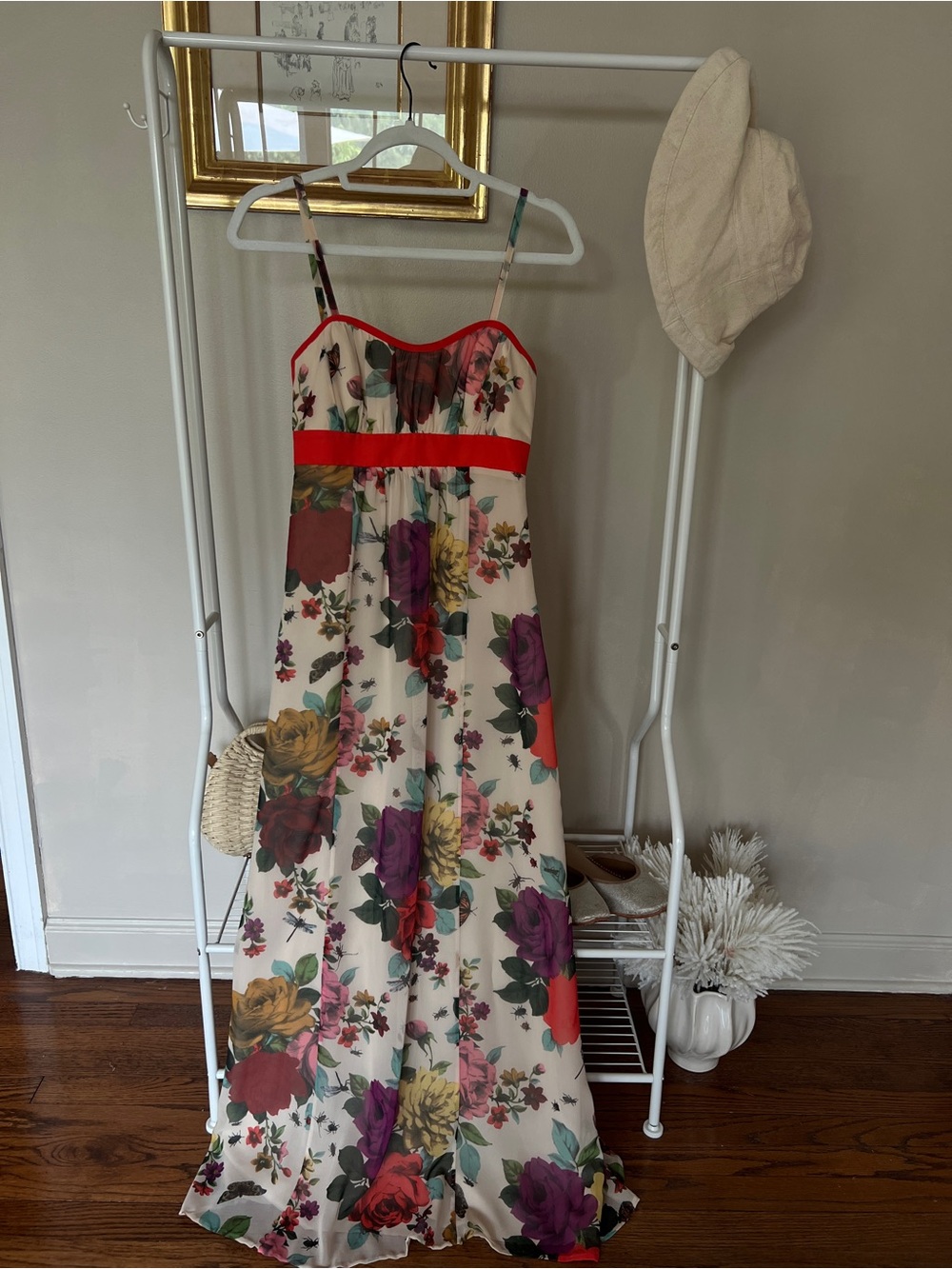 Ted Baker Cream Dress with Red Trim and Multicolor Floral Strap
